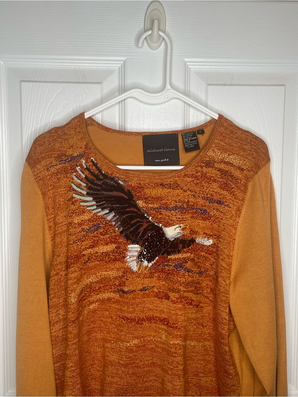 Michael Simon Vintage 2001 Spun Silk Eagle Knit Sequined Sweater in Gold XL - Picture 3 of 11